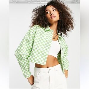 SHEIN Green Checkered Jean Jacket